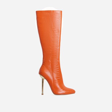 Clarity Metallic Heel Knee High Long Boots In Orange Croc Print Faux Leather | EGO