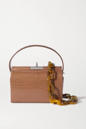 Croc-effect Leather Shoulder Bag - Brown