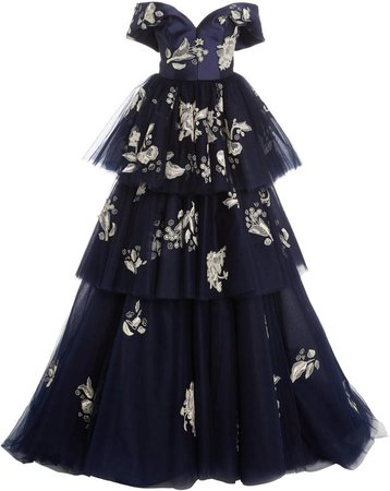 Carolina Herrera Off-The-Shoulder Tiered Embellished Gown