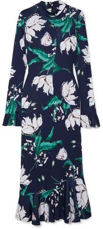 Alta Ruffled Floral-print Stretch-jersey Midi Dress - Navy