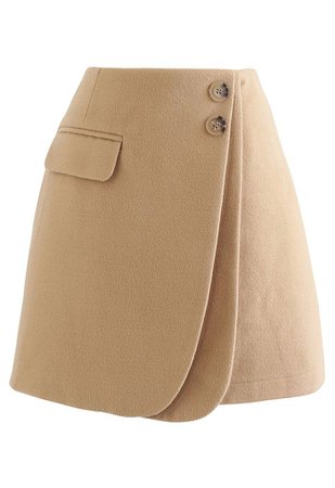 Double Flap Wool-Blend Mini Skirt in Tan - Retro, Indie and Unique Fashion