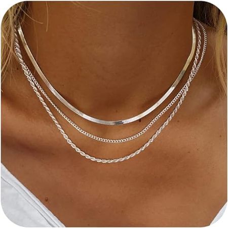Amazon.com: Freekiss Silver Herringbone Necklace for Women, Layered 925 Sterling Silver Necklace Simple Dainty Cuban Rope Snake Link Chain Necklace Set Chunky Choker Silver Jewelry for Women Gifts: Clothing, Shoes & Jewelry