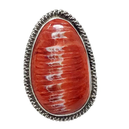 Navajo Handmade Sterling Silver Red Spiny Oyster Shell Ring, size 8