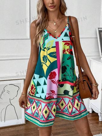 SHEIN LUNE Geo & Floral Patchwork Print Cami Dress | SHEIN