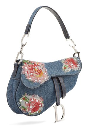 What Goes Around Comes Around Blue Denim Floral Saddle Bag