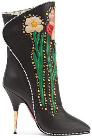 Fosca Appliquéd Embellished Textured-leather Ankle Boots - Black