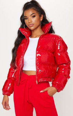Red Cropped Vinyl Puffer | Coats & Jackets | PrettyLittleThing