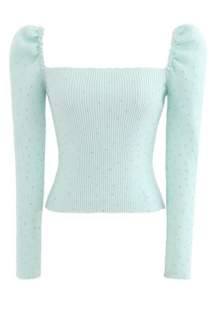Flickering Square Neck Fitted Crop Knit Top in Mint - Retro, Indie and Unique Fashion