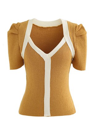 Contrast Line Short-Sleeve Knit Top in Orange - Retro, Indie and Unique Fashion