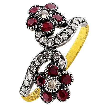 1890s Antique Flower Diamond Ruby Ring For Sale at 1stDibs