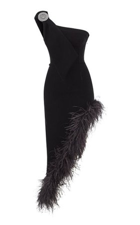 Feather-Trimmed Asymmetric Midi Dress By Raisa Vanessa | Moda Operandi
