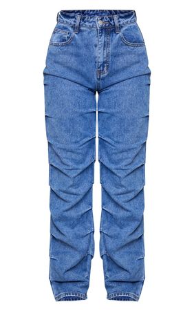 Mid Blue Wash Ruched Straight Leg Denim Jeans | PrettyLittleThing USA