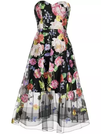 Marchesa Notte floral-embroidered Strapless Midi Dress - Farfetch