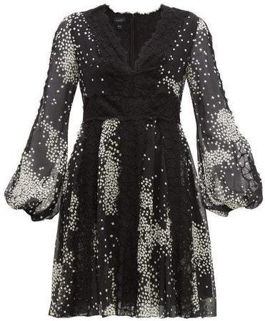 Square Print Lace Trim Silk Georgette Dress - Womens - Black White