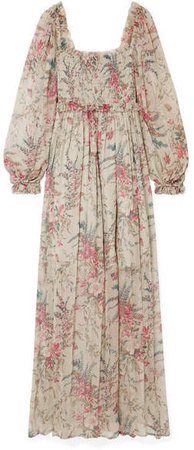 Bayou Shirred Floral-print Silk-crepon Maxi Dress - Light gray