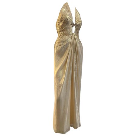1990s Michael Casey Couture Gold Lame Goddess Gown W/ Halter Neck and Deep V For Sale at 1stDibs