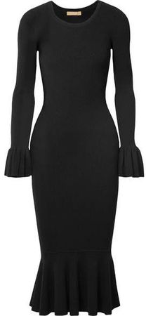 Ruffle-trimmed Ribbed Stretch-knit Midi Dress - Black