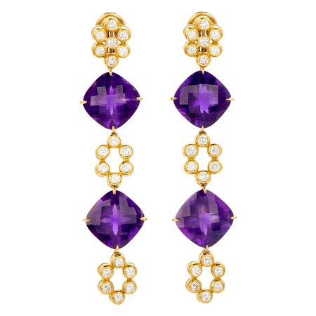 Modern Diamond Amethyst 18K Gold Dangle Drop Floral Earrings For Sale at 1stDibs