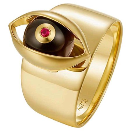 Eye Unisex Ring 18 Karat Yellow Gold Tiger's Eye Ruby Diamond For Sale at 1stDibs