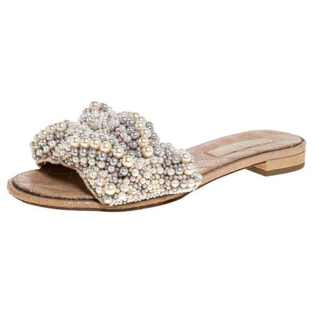 Chanel Beige Faux Pearl Slide Flat Sandals