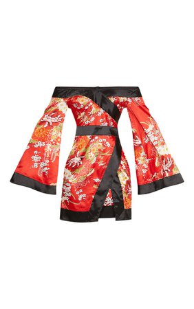 Lilac Bardot Oriental Flare Sleeve Bodycon Dress | PrettyLittleThing USA