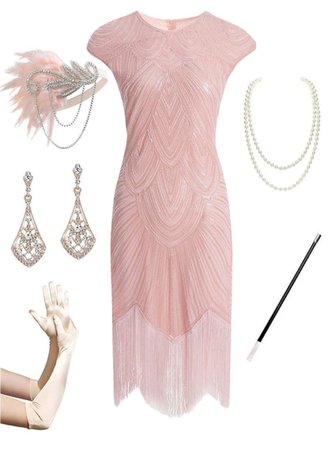Pink 1920s Gatsby Sequined Fringed Flapper Dress Set