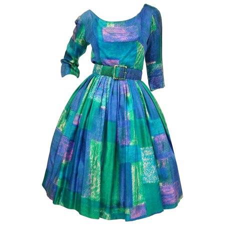 1950s Suzy Perette Blue and Green Geometric Watercolor New Look Cocktail Dress For Sale at 1stDibs | new look cocktail dresses