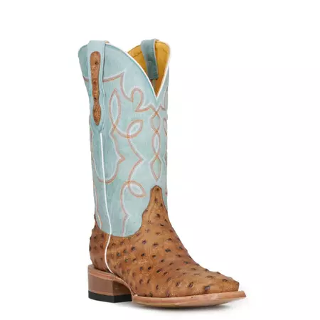 Cavender's Women's Sky Blue and Tan Ostrich Print Wide Square Toe Cowboy Boots available at Cavenders