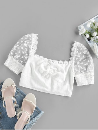[35% OFF] [NEW] 2020 ZAFUL Lace Insert Flower Embroidered Ruched Crop Blouse In WHITE | ZAFUL