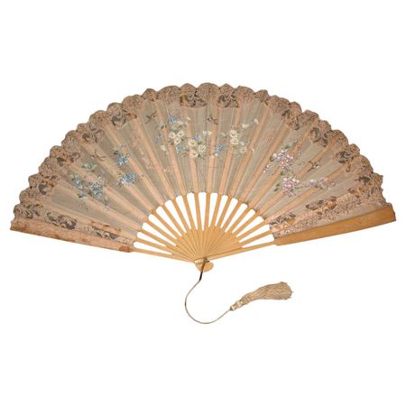 Fan in organza painted with birds and flowers e... | Antikeo