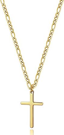 14K Gold Filled Cross Necklace for Men Figaro Chain Stainless Steel Plain Polished Cross Pendant Necklace Simple Faith Jewelry Gift for Boy Women Girls 20" | Amazon.com