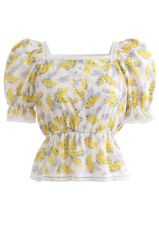 Flower and Shadow Buttoned Peplum Top - Retro, Indie and Unique Fashion