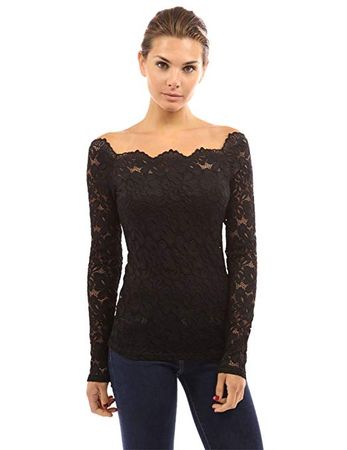 PattyBoutik Women Floral Lace Off Shoulder Top (Black Large) at Amazon Women’s Clothing store:
