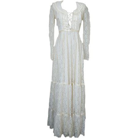 70's Off White Long Sleeve Lace Gown by Gunne Sax – Thrilling