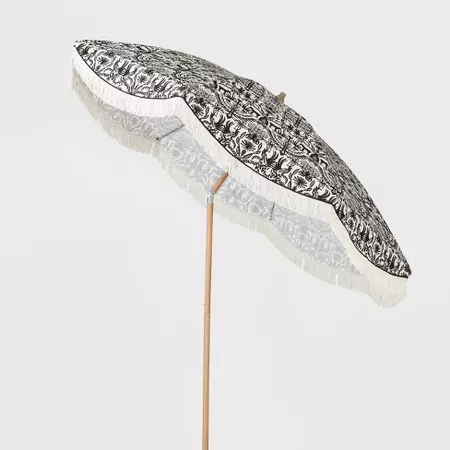 9' Scalloped Patio Umbrella Eulalia Black White Fringe - Light Wood Pole - Opalhouse™ : Target
