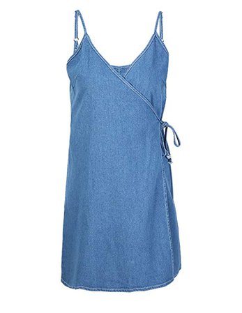 haoduoyi Women Spaghetti Strap V neck Wrap Denim A line dress(M, Blue) at Amazon Women’s Clothing store: