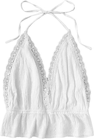 SweatyRocks Women's Deep V Neck Halter Crop Cami Top Sleeveless Vest White S at Amazon Women’s Clothing store