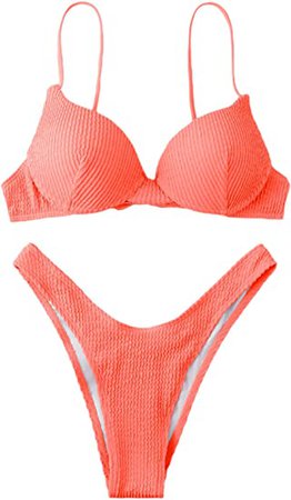 Amazon.com: SheIn Women's 2 Piece Smocked Push Up Bikini Set Swimsuit Tie Back High Cut Bathing Suit Orange Large : Clothing, Shoes & Jewelry