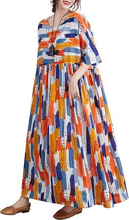Versear Women Cotton Linen Floral Dress Loose Vintage Dress Oversized Summer Dress Maxi Dress Casual Robes Pockets Blue at Amazon Women’s Clothing store