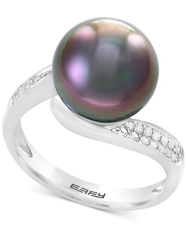 EFFY® Sterling Silver Cultured Black Tahitian Pearl and Diamond Ring