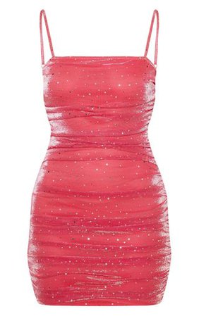 Pink Sparkle Ruched Mesh Strappy Bodycon Dress | PrettyLittleThing
