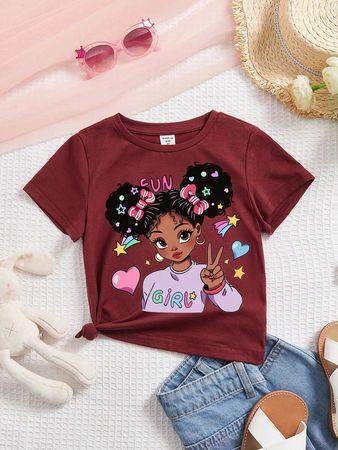 Young Girls' Casual Portrait Print Short Sleeve T-Shirt Suitable For Summer | SHEIN USA