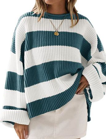 ZESICA Women's Long Sleeve Crew Neck Striped Color Block Comfy Loose Oversized Knitted Pullover Sweater,GreyGreen,Medium at Amazon Women’s Clothing store