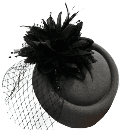 Caprilite Charcoal Dark Grey and Black Fascinator Hat Pill Box Flower Veil Hatinator UK Wedding Ascot Races Clip Felt