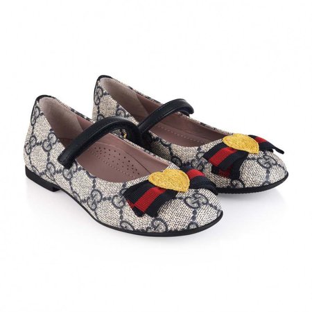 GUCCI Girls Beige & Navy Logo Shoes With Bow - GUCCI Girls - Girls Top Designers - Girls Designer Clothes
