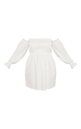 Plus White Shirred Bardot Long Sleeve Dress | PrettyLittleThing USA