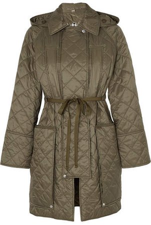 Hooded Belted Quilted Shell Coat - Army green