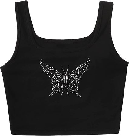 Verdusa Women's Square Neck Sleeveless Rhinestone Butterfly Tank Crop Top Black S at Amazon Women’s Clothing store