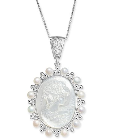 Macy's Sterling Silver Cultured Freshwater Pearl & Mother-of-Pearl Cameo Pendant Necklace