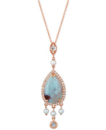 Le Vian 14k Rose Gold Sky Aquaprase, Cultured Freshwater Pearl, & White Topaz Pendant Necklace